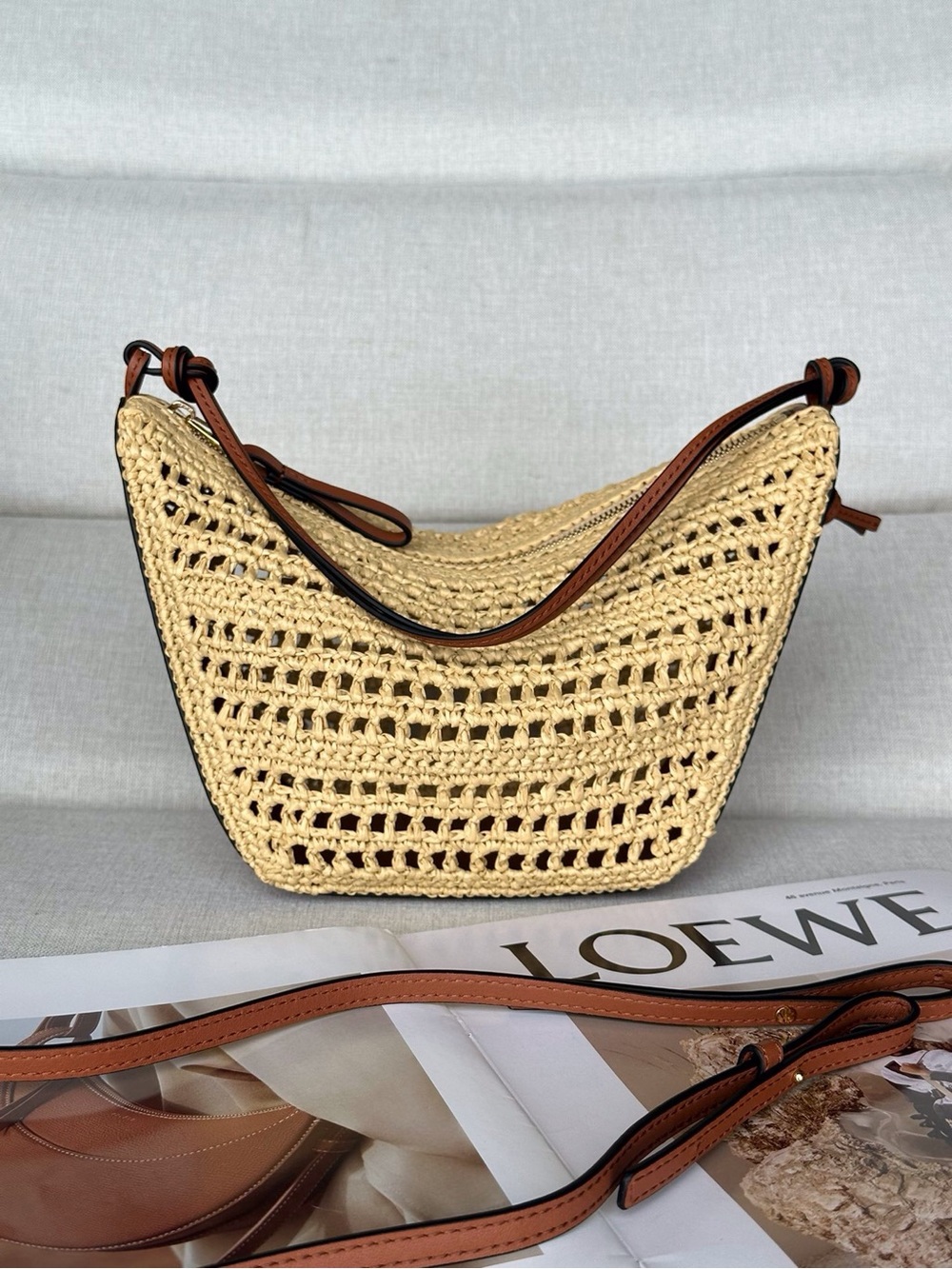 Loewe Cream Raffia Crossbody with Tan Leather Trim